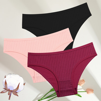 FINETOO 3GAB./SET Sieviešu kokvilnas rievotas, svītrainas apakšveļas sieviešu apakšbiksītes, seksīgas liela izmēra, īpaši elastīgas biksītes, mīksta apakšveļa S-7XL