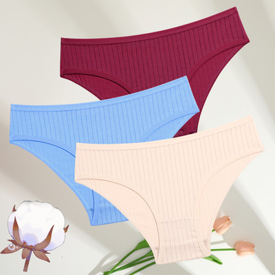 FINETOO 3GAB./SET Sieviešu kokvilnas rievotas, svītrainas apakšveļas sieviešu apakšbiksītes, seksīgas liela izmēra, īpaši elastīgas biksītes, mīksta apakšveļa S-7XL