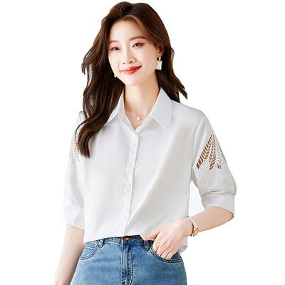 Elegáns, kivájt hímzett fehér blúz Női Nyári Divat félujjú ingek Női Alkalmi női felsők Vintage Blusas
