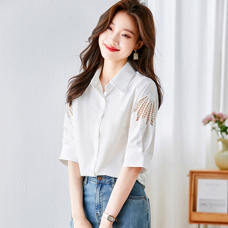 Eleganta, izšūta balta blūze sieviešu vasaras modes krekli ar puspiedurknēm sievietēm, ikdienas sieviešu topi vintage blusas