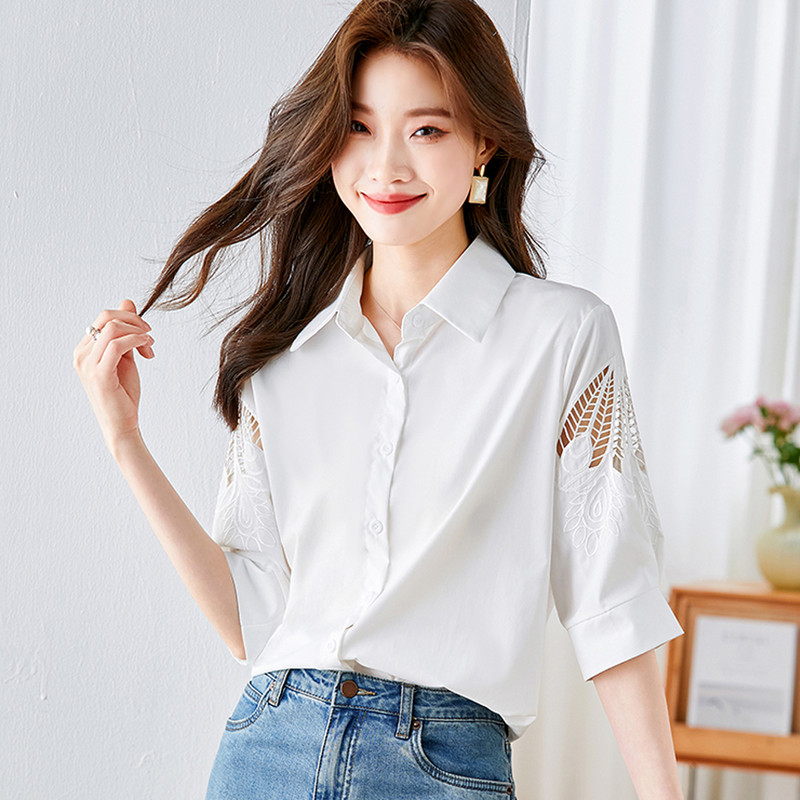 Eleganta, izšūta balta blūze sieviešu vasaras modes krekli ar puspiedurknēm sievietēm, ikdienas sieviešu topi vintage blusas