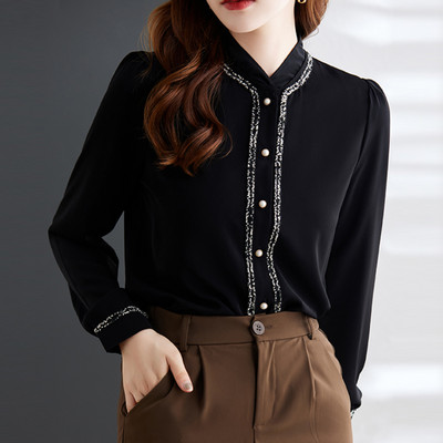 Koreai divat női ingek Elegáns állógallér fehér ing Női hosszú ujjú ingek felsők Irodai női alap ingblúzok női
