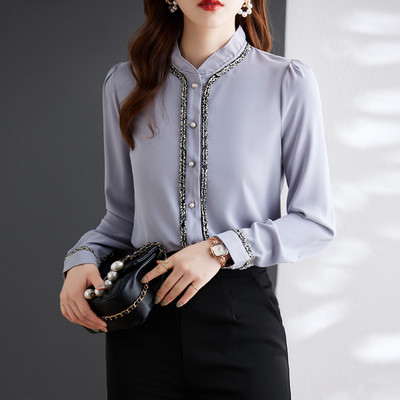 Koreai divat női ingek Elegáns állógallér fehér ing Női hosszú ujjú ingek felsők Irodai női alap ingblúzok női