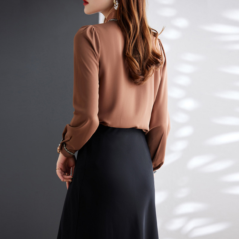 Koreai divat női ingek Elegáns állógallér fehér ing Női hosszú ujjú ingek felsők Irodai női alap ingblúzok női