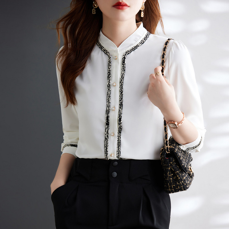 Koreai divat női ingek Elegáns állógallér fehér ing Női hosszú ujjú ingek felsők Irodai női alap ingblúzok női