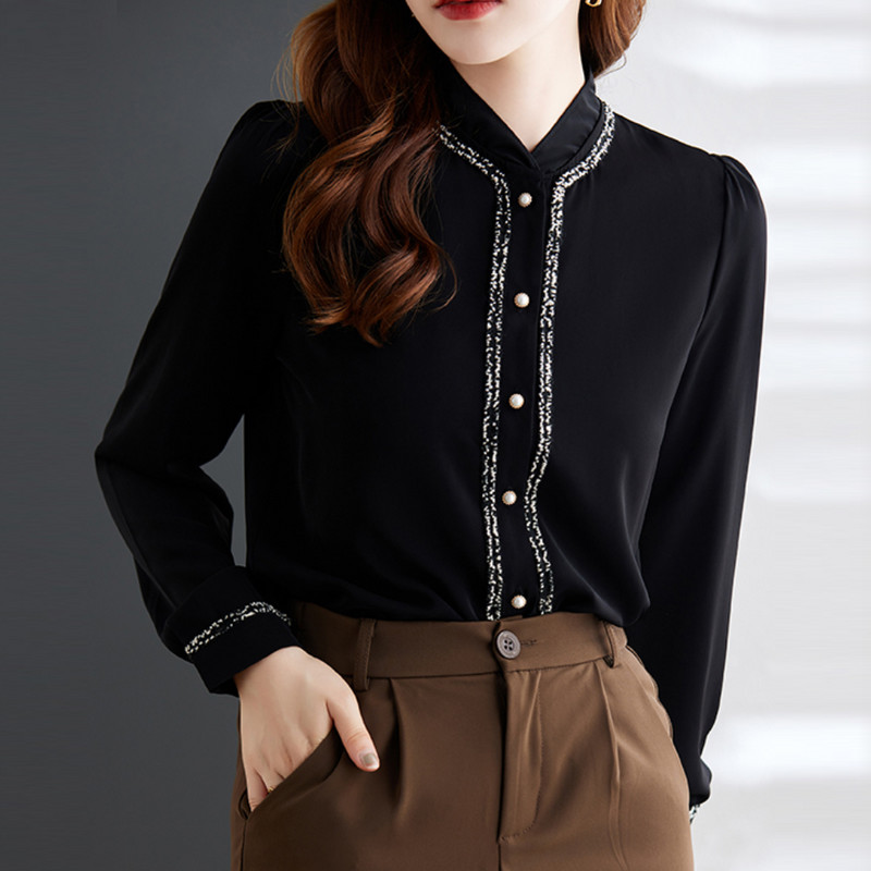 Koreai divat női ingek Elegáns állógallér fehér ing Női hosszú ujjú ingek felsők Irodai női alap ingblúzok női