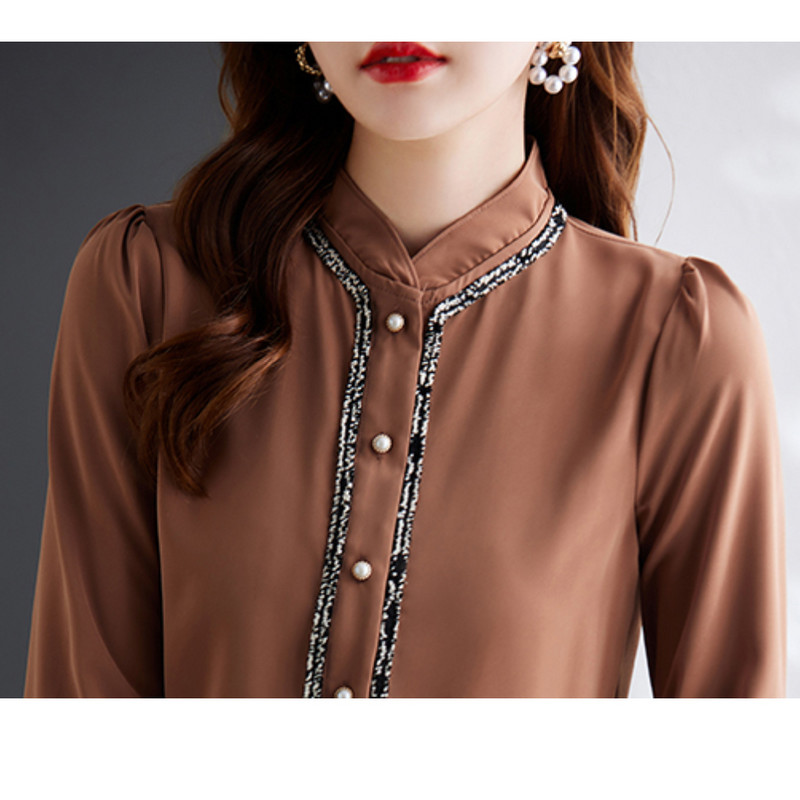 Koreai divat női ingek Elegáns állógallér fehér ing Női hosszú ujjú ingek felsők Irodai női alap ingblúzok női