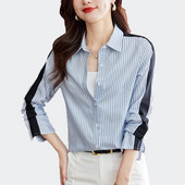 Sieviešu svītru krekli 2024. gada pavasara nolaižamā apkakle ar garām piedurknēm, brīvi ielu apģērbi, ikdienas blūze, modes biroja dāmu virsdrēbju topi