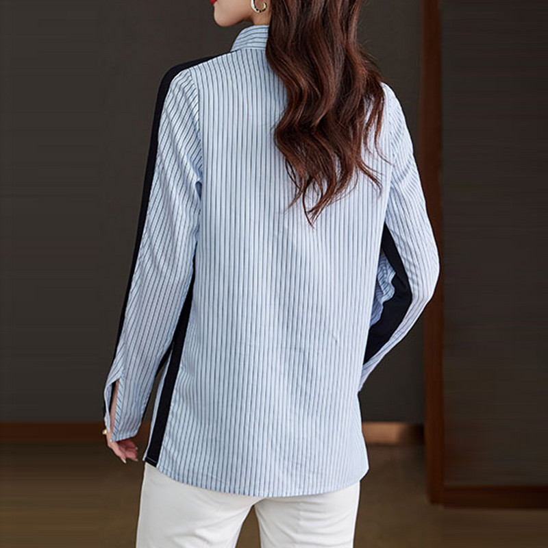 Sieviešu svītru krekli 2024. gada pavasara nolaižamā apkakle ar garām piedurknēm, brīvi ielu apģērbi, ikdienas blūze, modes biroja dāmu virsdrēbju topi