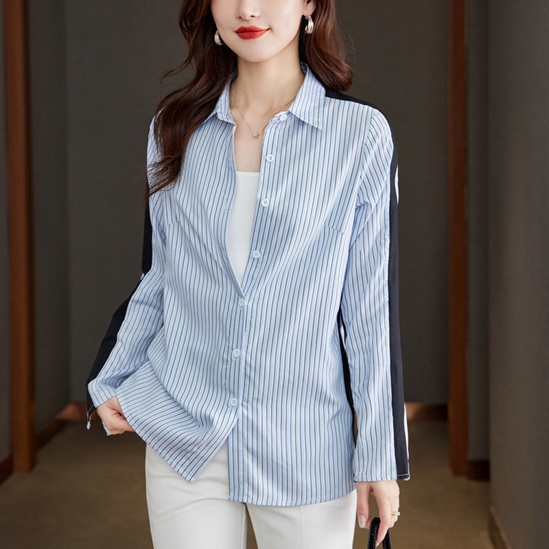 Sieviešu svītru krekli 2024. gada pavasara nolaižamā apkakle ar garām piedurknēm, brīvi ielu apģērbi, ikdienas blūze, modes biroja dāmu virsdrēbju topi