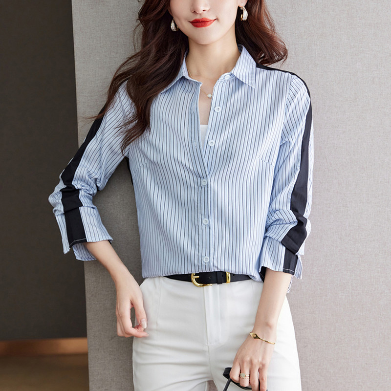 Sieviešu svītru krekli 2024. gada pavasara nolaižamā apkakle ar garām piedurknēm, brīvi ielu apģērbi, ikdienas blūze, modes biroja dāmu virsdrēbju topi