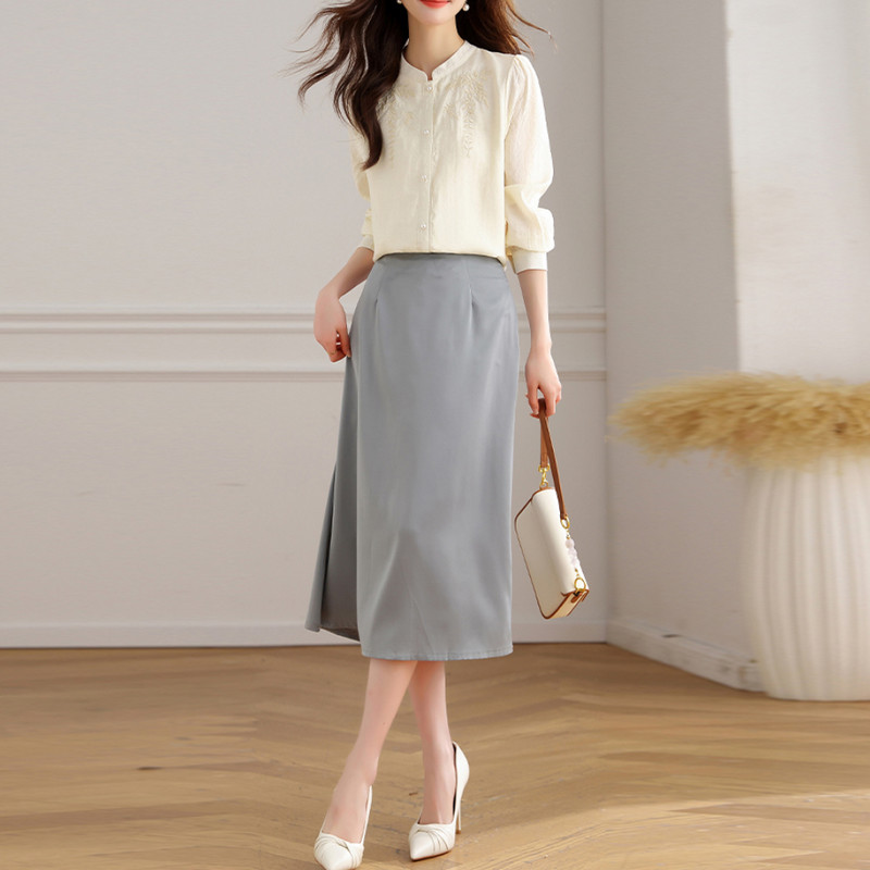 Pavasara rudens vienkārša biroja sieviešu blūze sieviešu krekls elegants izšuvums ar garām piedurknēm ikdienas korejiešu OL stila brīvas blūzes sievietēm