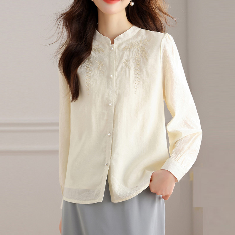 Pavasara rudens vienkārša biroja sieviešu blūze sieviešu krekls elegants izšuvums ar garām piedurknēm ikdienas korejiešu OL stila brīvas blūzes sievietēm