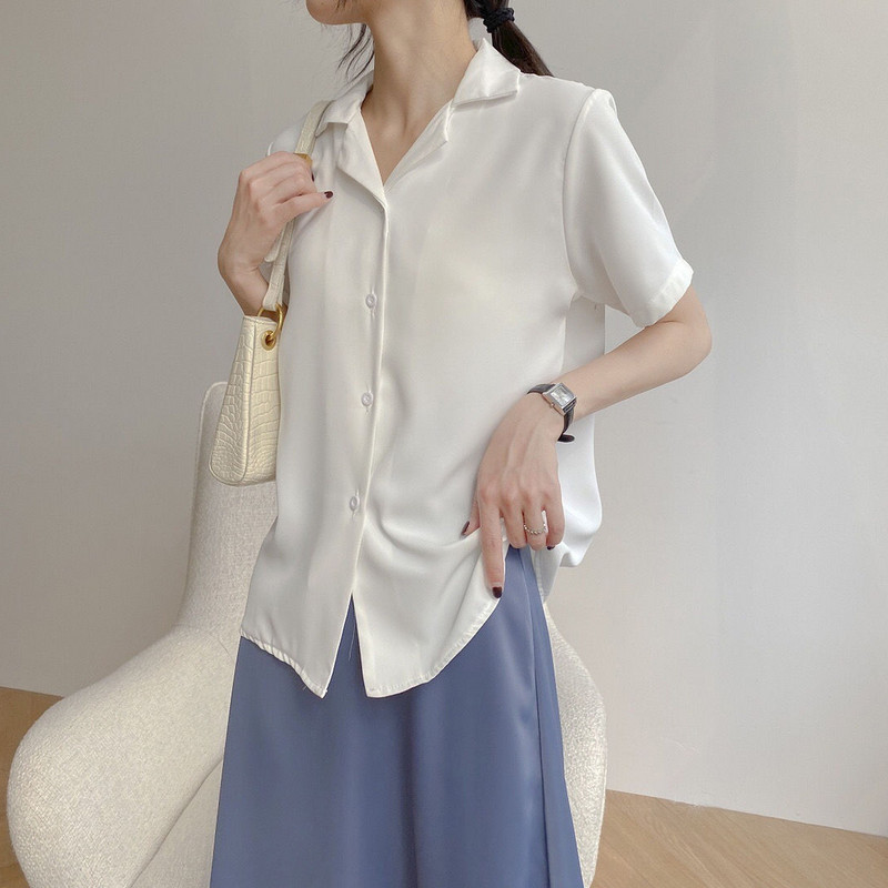 Naiste suvine šifoonpluus Elegantne lühikeste varrukatega V-kaelusega avar särk vabaaja Korea šikk lihtsad topid Naiste tuunika pluusid