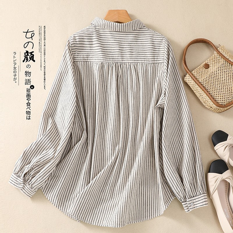 Sieviešu krekls ar garām piedurknēm, jauns 2024. gada pavasara vintage stila nolaižams apkakles pamati Sieviešu kokvilnas ikdienas topi krekli B3668