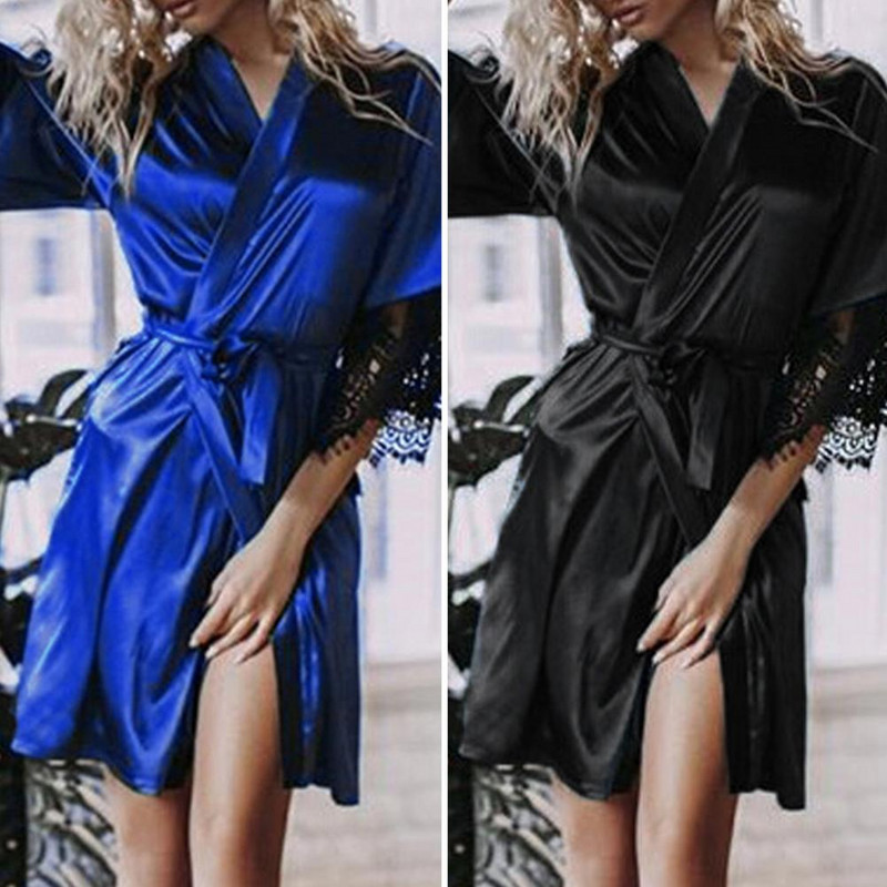 Pehme stiilne kõrge vöökoht vööga naiste pidžaamad üle põlve ulatuva naiste öökleit, pikad varrukad magamiseks