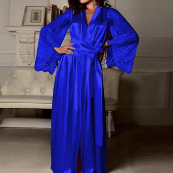 Секси копринена сатенена нощна рокля Мрежеста стегната талия с връзки Дамски халат Жилетка Бельо Дамски дантелени пижами Спално облекло