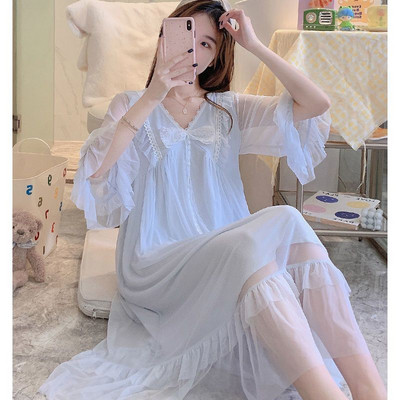 2023. aasta suvi, kevad seksikas naiste öösärk Pidžaama, naiste šifoonist pits, V-kaelusega koduriided, tüdrukud, vintage, pikkade varrukatega öösärk