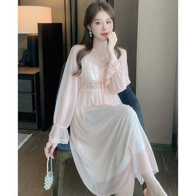 2023. aasta suvi, kevad seksikas naiste öösärk Pidžaama, naiste šifoonist pits, V-kaelusega koduriided, tüdrukud, vintage, pikkade varrukatega öösärk