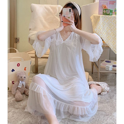 2023. aasta suvi, kevad seksikas naiste öösärk Pidžaama, naiste šifoonist pits, V-kaelusega koduriided, tüdrukud, vintage, pikkade varrukatega öösärk