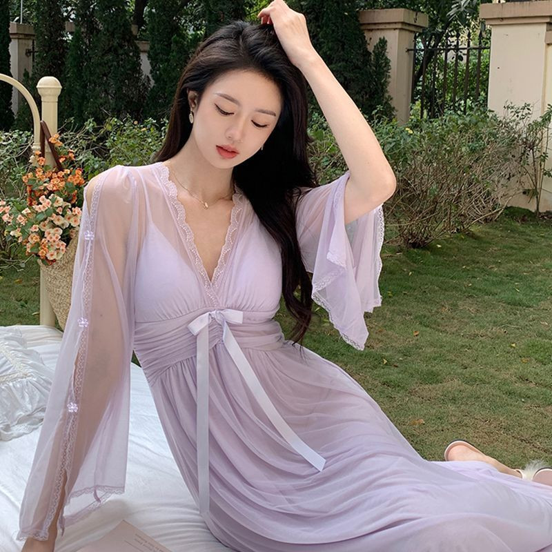 2023. aasta suvi, kevad seksikas naiste öösärk Pidžaama, naiste šifoonist pits, V-kaelusega koduriided, tüdrukud, vintage, pikkade varrukatega öösärk