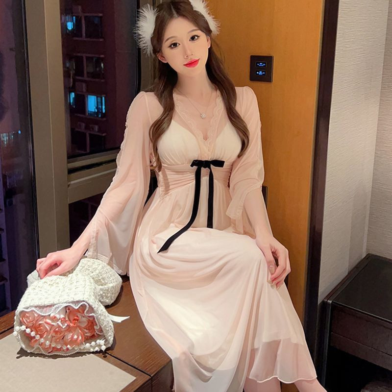 2023. aasta suvi, kevad seksikas naiste öösärk Pidžaama, naiste šifoonist pits, V-kaelusega koduriided, tüdrukud, vintage, pikkade varrukatega öösärk