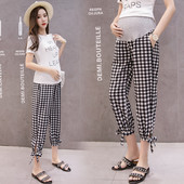 Grūtniece Grūtniecības bikses ar augstu vidukli, plānas, brīvas modes rūtainas vēdera bikses līdz grīdai, grūtnieču platas kājas bikses vasara