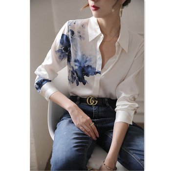Винтидж свободна блуза Tie Dye Пролетно ново поло деколте с копчета с дълъг ръкав и щампа на офис риза Елегантно модно дамско облекло