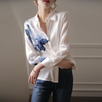 Винтидж свободна блуза Tie Dye Пролетно ново поло деколте с копчета с дълъг ръкав и щампа на офис риза Елегантно модно дамско облекло
