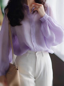 Ljubičaste ženske majice na kopčanje, široke dugih rukava s printom Ljetna ženska košulja i bluza od šifona Ulična odjeća Elegantna mladenačka