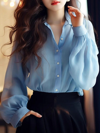 Μωβ γυναικεία μπλουζάκια με κουμπιά φαρδιά μακρυμάνικο με στάμπα καλοκαιρινό σιφόν γυναικείο πουκάμισο και μπλούζα Streetwear Κομψό νεανικό