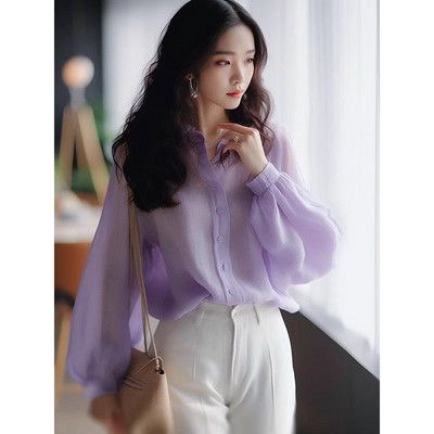 Ljubičaste ženske majice na kopčanje, široke dugih rukava s printom Ljetna ženska košulja i bluza od šifona Ulična odjeća Elegantna mladenačka