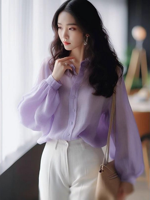 Ljubičaste ženske majice na kopčanje, široke dugih rukava s printom Ljetna ženska košulja i bluza od šifona Ulična odjeća Elegantna mladenačka