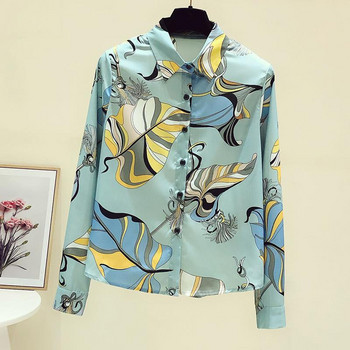 Ανοιξιάτικο καινούργιο πουκάμισο με εκτύπωση σιφόν μπλούζες με μακρύ μανίκι Polo λαιμόκοψη χαλαρή μπλούζα σε συντομότερο μέγεθος Γυναικεία ρούχα μόδας γραφείου
