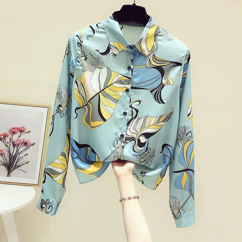 Kevadine uus sifonkitrükiga särk Topid, pikkade varrukatega polo kaelus, vaba suures suuruses vabaaja pluus Kontorimood Naiste riided