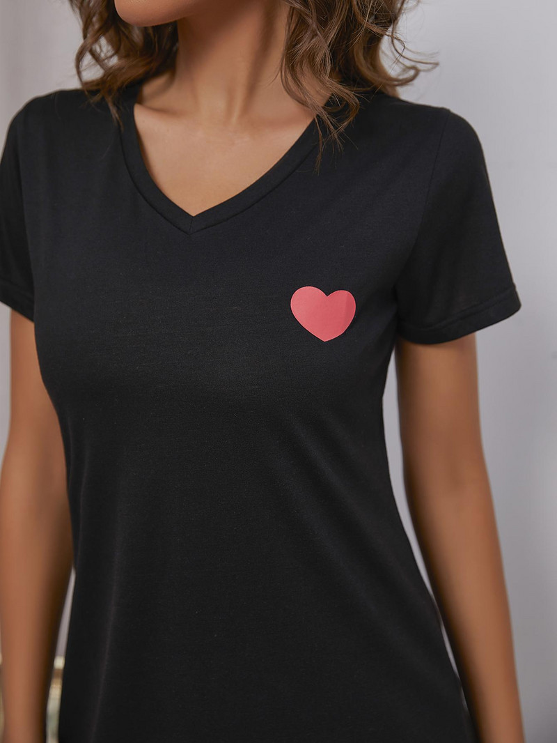 Fekete szívmintás nyári szexi hálóing női csipke díszítésű hálóruha éjszakai ruha V-nyakú rövid ujjú pizsama hálóruha szoknya