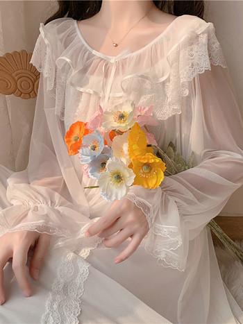 Γυναικεία βολάν Vintage Νυχτικά Lolita Princess Sleepwear Λευκή δαντέλα με πλέγμα Fairy Night Φόρεμα Βικτωριανό νυχτικό