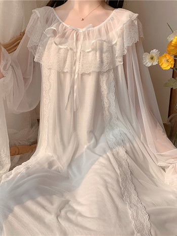 Дамски волани Винтидж нощници Спално облекло на принцеса Лолита Бяла дантелена мрежа Фея Нощна рокля Викторианска нощница Спално облекло