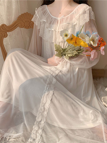 Γυναικεία βολάν Vintage Νυχτικά Lolita Princess Sleepwear Λευκή δαντέλα με πλέγμα Fairy Night Φόρεμα Βικτωριανό νυχτικό