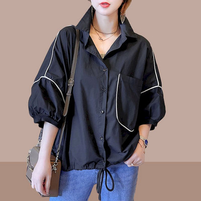 Liela izmēra sieviešu krekls Vasaras modes ar īsām piedurknēm blūzes Modernas korejiešu stila brīvas ikdienišķas krekli ar pūšām piedurknēm sievietei