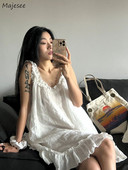 Ženske spavaćice bez rukava Bijele slatke volane Opuštene kućne vintage midi ležerne temperamentne ljetne nove korejske stilske ženske nježne