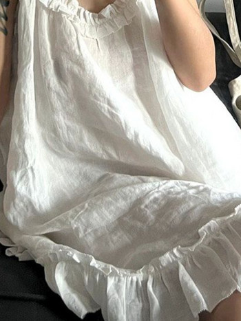 Αμάνικα νυχτικά Γυναικεία Λευκά Γλυκά βολάν Χαλαρά Σπίτι Vintage Midi Casual Ταμπεραμέντο Καλοκαίρι Νέο Κορεάτικο Στιλ Γυναικείο Τρυφερό