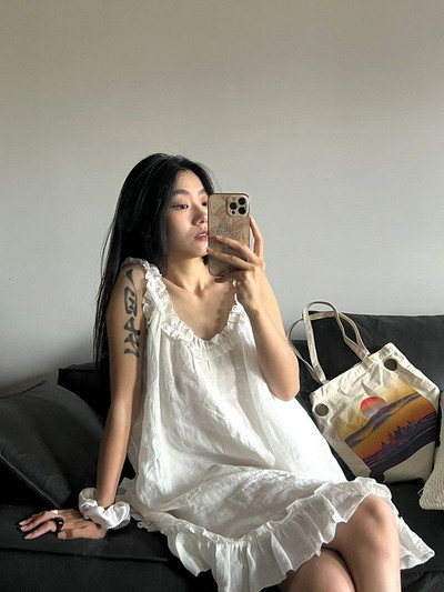 Ženske spavaćice bez rukava Bijele slatke volane Opuštene kućne vintage midi ležerne temperamentne ljetne nove korejske stilske ženske nježne