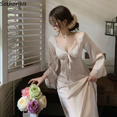 Ženske spavaćice u novom francuskom stilu, seksi jednobojna mašna, široka spavaćica s dugim rukavima Otmjena odjeća za slobodno vrijeme, slatka kućna odjeća, popularne spavaćice