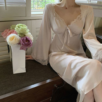 Νυχτικά Γυναικεία Νέο Γαλλικό στυλ Σέξι μονόχρωμο φιόγκο μακριά μανίκια φαρδιά πυζά Αριστοκρατικά γλυκά ρούχα για το σπίτι Δημοφιλή πυτζάμες