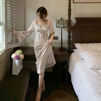 Νυχτικά Γυναικεία Νέο Γαλλικό στυλ Σέξι μονόχρωμο φιόγκο μακριά μανίκια φαρδιά πυζά Αριστοκρατικά γλυκά ρούχα για το σπίτι Δημοφιλή πυτζάμες