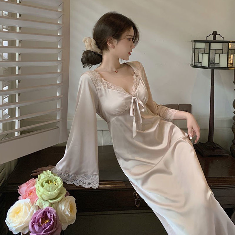 Ženske spavaćice u novom francuskom stilu, seksi jednobojna mašna, široka spavaćica s dugim rukavima Otmjena odjeća za slobodno vrijeme, slatka kućna odjeća, popularne spavaćice