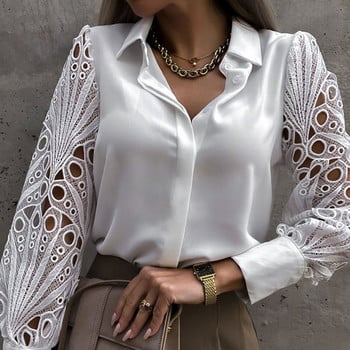 Бяла секси дамска блуза с издълбана дантела Есен 2023 Пролет Черен топ Реколта Ризи с копчета с дълги ръкави Мрежести топове с дизайн 19948