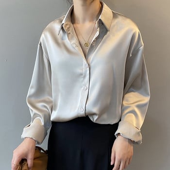Есенна модна сатенена риза с копчета Винтидж блуза Дамски бели дамски дълги ръкави Дамски широки улични ризи 11355