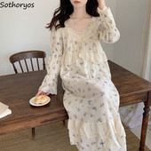 Saldi princeses stila naktskrekli sievietēm ar mežģīnēm ar ziedu apdruku Rudens potītes garuma V veida kakla guļamveļa Mājas Mājīgi Jauki Studenti Sieviete